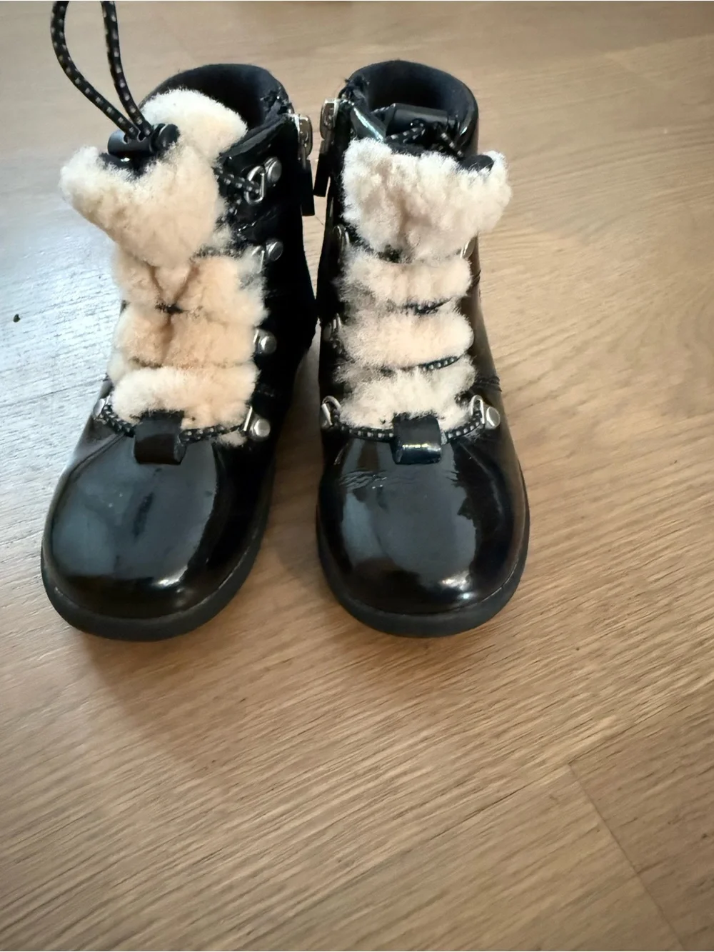 UGG Kids Black Patent Ankle Boots with Shearling Trim